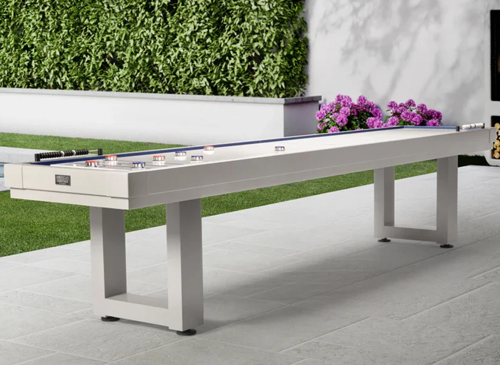 Premium outdoor shuffleboard table on display at The Billiard Broker private showroom in Arizona