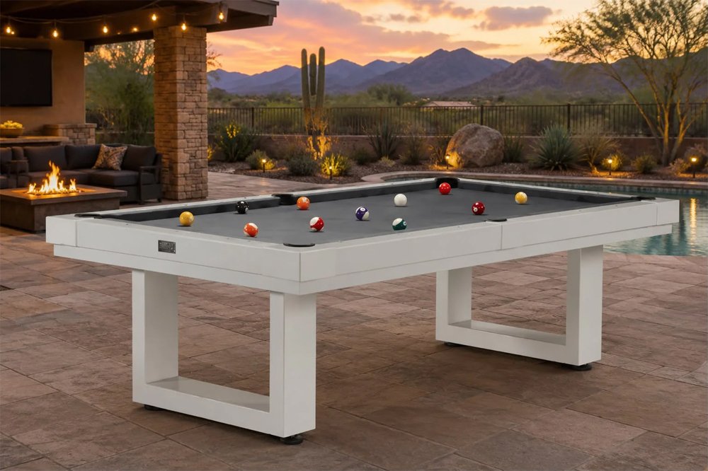 Weather-resistant outdoor pool table designed for Arizona backyards and outdoor entertainment